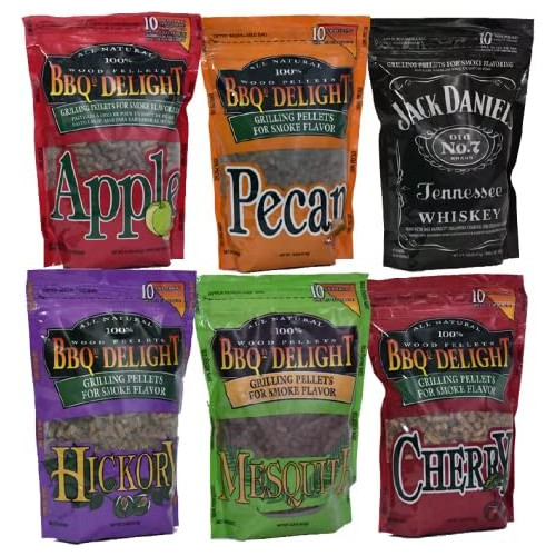 BBQrs Delight Wood Smoking Pellets Hickory 1 Lb Cherry Super Smoker Variety Value Pack Mesquite Apple Bag Pecan and Jack Daniels 