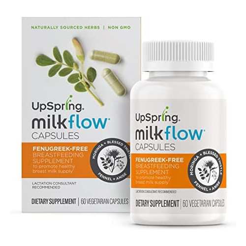 UpSpring Milkflow Fenugreek-Free Lactation Supplement Capsules Promotes Breastmilk Supply Moringa, Blessed Thistle, Fennel, Anise 60 Ct