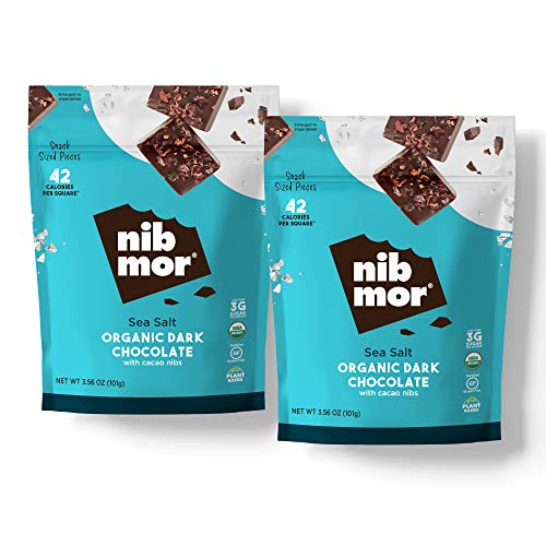 nib mor Vegan Dark Chocolate | Sea Salt with Cacao Nibs | Pack of 2 - 3.56 Oz Bags | Gluten Free, Organic, Plant Based, Dark Chocolate Snack Squares | 80% Cacao