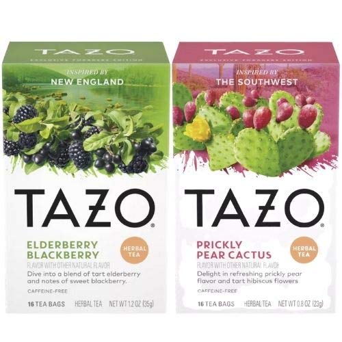 Tazo Foragers Elderberry Blackberry Tea 16 Count & Prickly Pear Cactus Tea 16 Count. Herbal Tea Bags. Caffeine Free. Set