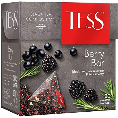 Tess Berry Bar Black Tea Composition Blackcurrant and Blackberry Leaf Tea in 20 Pyramid Sachets