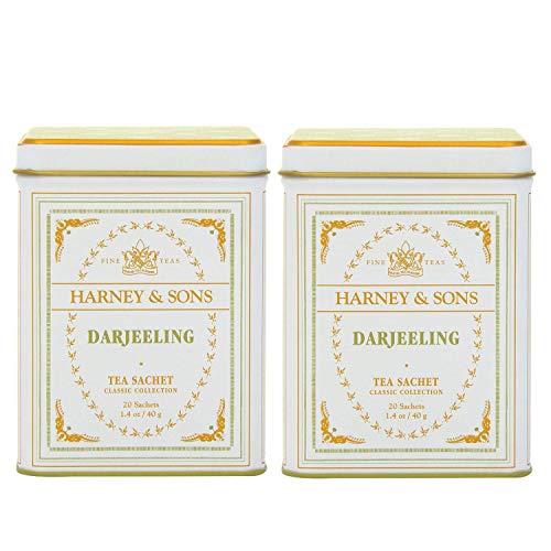 Harney & Sons Darjeeling Tea Tin 20 Sachets (1.4 oz ea, Two Pack) - Black Tea with Floral Notes - 2 Pack 20ct Sachet Tins (40 Sachets)
