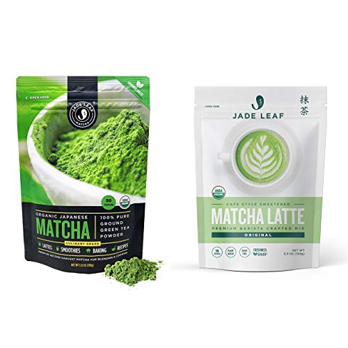 Jade Leaf Matcha + Latte Mix Bundle - Organic Matcha Green Tea Powder Culinary Pouch (100g) and Cafe Style Sweetened Matcha Latte Mix (150g)