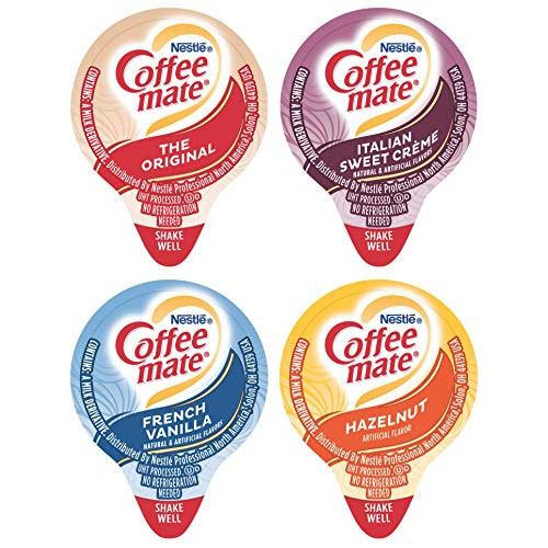 Coffee-Mate Liquid .375oz Variety Pack (4 Flavor) 100 Count includes Original, French Vanilla, Hazelnut, Italian Sweet Crème & By The Cup Sugar Packets