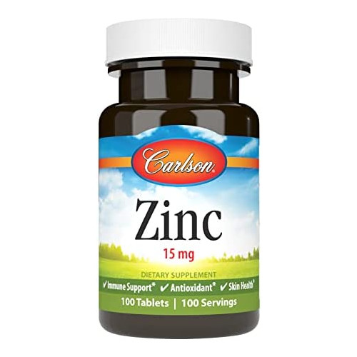 Carlson - Zinc, 15 mg, Zinc Supplement, Zinc Gluconate, Immune Support & Skin Health, Zinc Tablets, Antioxidant, Zinc Capsules, 100 Tablets