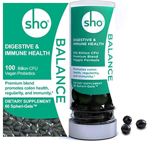 SHO Balance 100 Billion CFU Prebiotics & Probiotics for Digestive Health, Gut Health & Weight Loss Vegan Supplement for Women & Men, Lactobacillus Casei, Shelf Stable 60 Small Pills with Dispenser