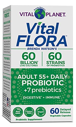 Vital Planet - Vital Flora Adult 55+ Probiotic Supplement with 60 Billion Cultures and 60 Strains, High Potency and Strain Diversity Probiotics for Women and Men with Organic Prebiotics, 60 Capsules