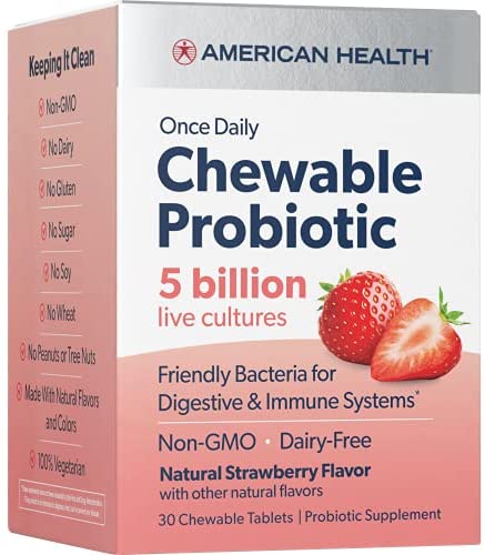 American Health Probiotic Chewable, Strawberry - Daily Chewable Tablet - 5 Billion Live Cultures, Beneficial Bacteria for The Digestive & Immune Systems - 30 Chewable Tablets, 30 Servings