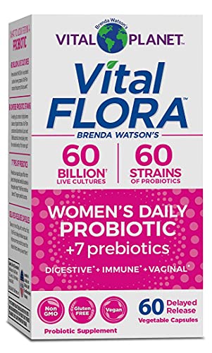 Vital Planet - Vital Flora Womenu2019s Daily Probiotic Supplement with 60 Billion Cultures and 60 Strains, High Potency and Strain Diversity Probiotics for Women with Organic Prebiotics, 60 Capsules