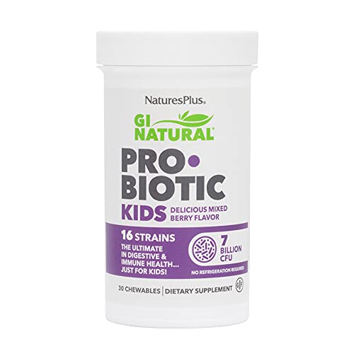 NaturesPlus GI Natural Probiotic Kids Chewables, Mixed Berry Flavor - Supports Digestive, Immune, Respiratory & Skin Health - 16 Live Probiotic Strains - Gluten-Free, 30 Count