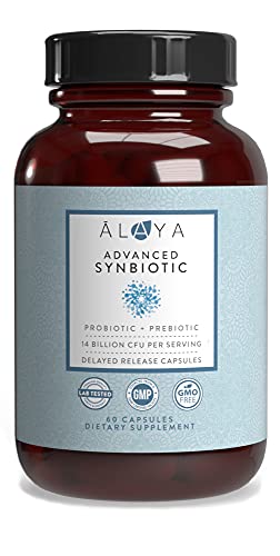 Alaya Advanced Synbiotic - Probiotic + Prebiotic - 14 Billion CFU Delayed Release Probiotic Supplement with Prebiotics from Sunfiber®, and L-glutamine for Gut Lining Integrity - 60 Capsules