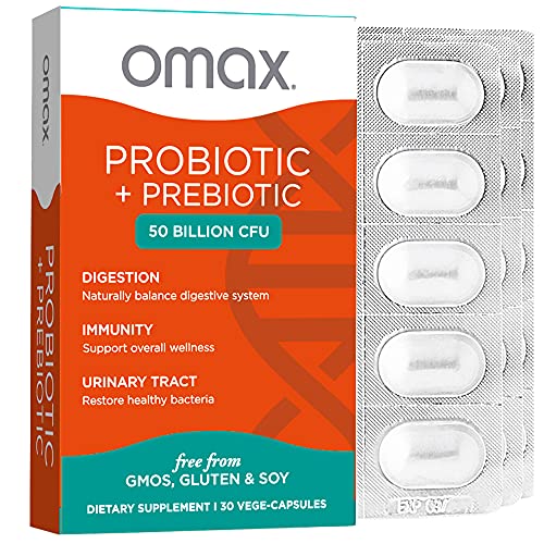 Omax Synbiotic Probiotic Prebiotic Inulin Chicory Root Fiber | 50 Billion CFU +10 Strains | Vegan, Therapeutic Grade, Dairy-Free, Blister Packed, Non-GMO, Gluten-Free, Soy-Free - 30 Vege-Caps