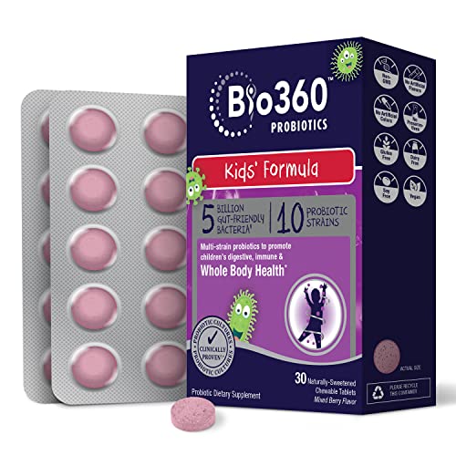 Bio360 Kids Probiotic | Targeted Probiotics for Kids Whole Body Health | 5 Billion CFU 10 Strains | Chewable Mixed Berry Flavor | 30 Vegan Supplements