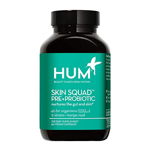 HUM Skin Squad Prebiotic + Probiotic Supplement - Clear Skin Support - Nurture Your Skin & Your Gut - Bacillus, Lactobacillus & Bifidobacterium Blend for Breakouts & Problem Skin (60 Vegan Capsules)