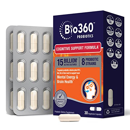 Bio360 Probiotics | Cognitive Support Formula | Brain Health & Mental Energy Probiotic for Women and Men | Vitamin-enriched | 30 Vegan Supplements