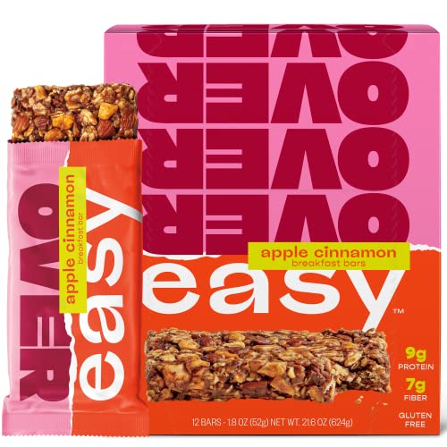 OVER EASY Apple Cinnamon Breakfast Bars | All Natural, Clean Ingredient Protein Bars | Breakfast & Cereal Bars | 12 Protein Snack Bars Gluten Free, Dairy Free, Soy Free