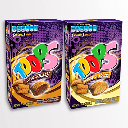 Toops Bundle u2013 Cereal filled with Chocolate Cream 220g / 7.8Oz + Cereal filled with Dulce de Leche cream 220g / 7.8Oz - Contains Vitamins and Minerals made of Rice, Wheat and Oat (2 Pack / 15.6Oz TOTAL)