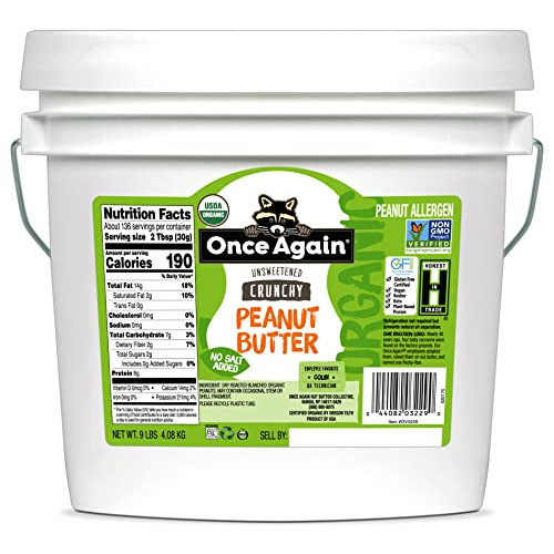 Once Again Organic Crunchy Peanut Butter, 9lbs - Salt Free, Unsweetened - USDA Organic, Gluten Free Certified, Vegan, Kosher