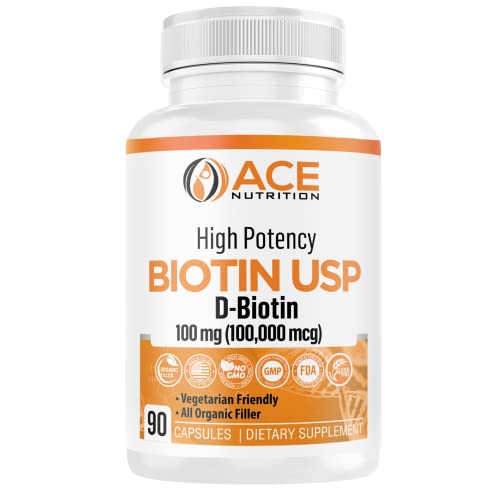 Ace Nutrition High Potency Biotin USP (D-Biotin 100,000mcg) - Superior Biotin, Organic Rice Flour, Vegetarian Capsules For Hair, Skin, & Myelin Health, Made in the USA (100mg/90 Capsules)