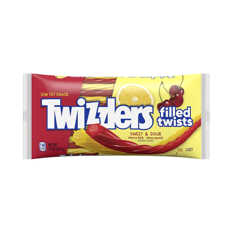 TWIZZLERS Filled Twists Sweet and Sour Cherry Kick Citrus Punch Flavored Chewy Candy, Bulk, Low Fat, 11 oz Bags (12 Count)
