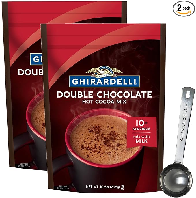 핫초코 Ghirardelli Double Chocolate Premium Hot Cocoa Mix, 10.5 oz Bag (Pack of 2) with Ghirardelli Stamped Barista Spoon